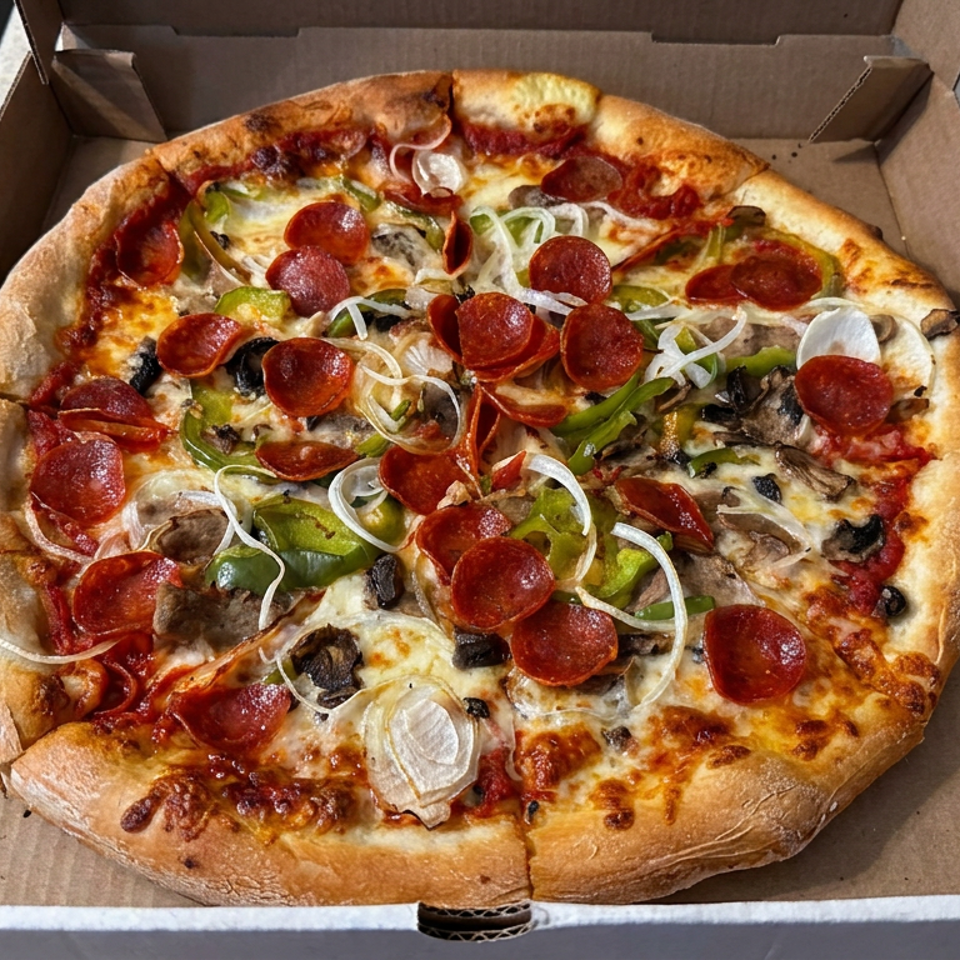 Large pepperoni pizza topped with mushrooms, green peppers, onions, and melted cheese in an open cardboard box.