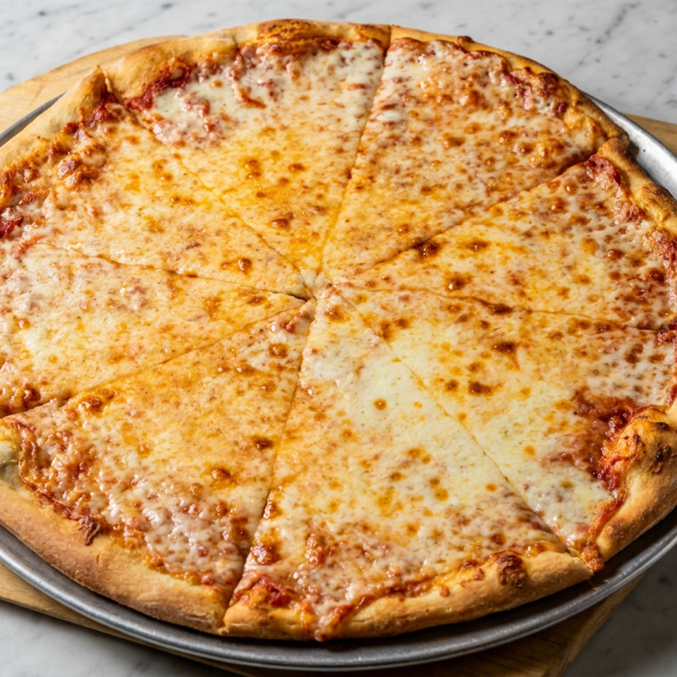 Cheese pizza sliced into wedges on a metal pan and wooden pizza board atop a marble countertop.