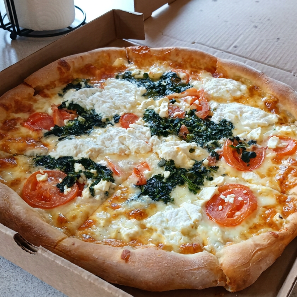 Round pizza topped with ricotta, melted cheese, spinach, and tomato slices in an open cardboard box on a countertop.
