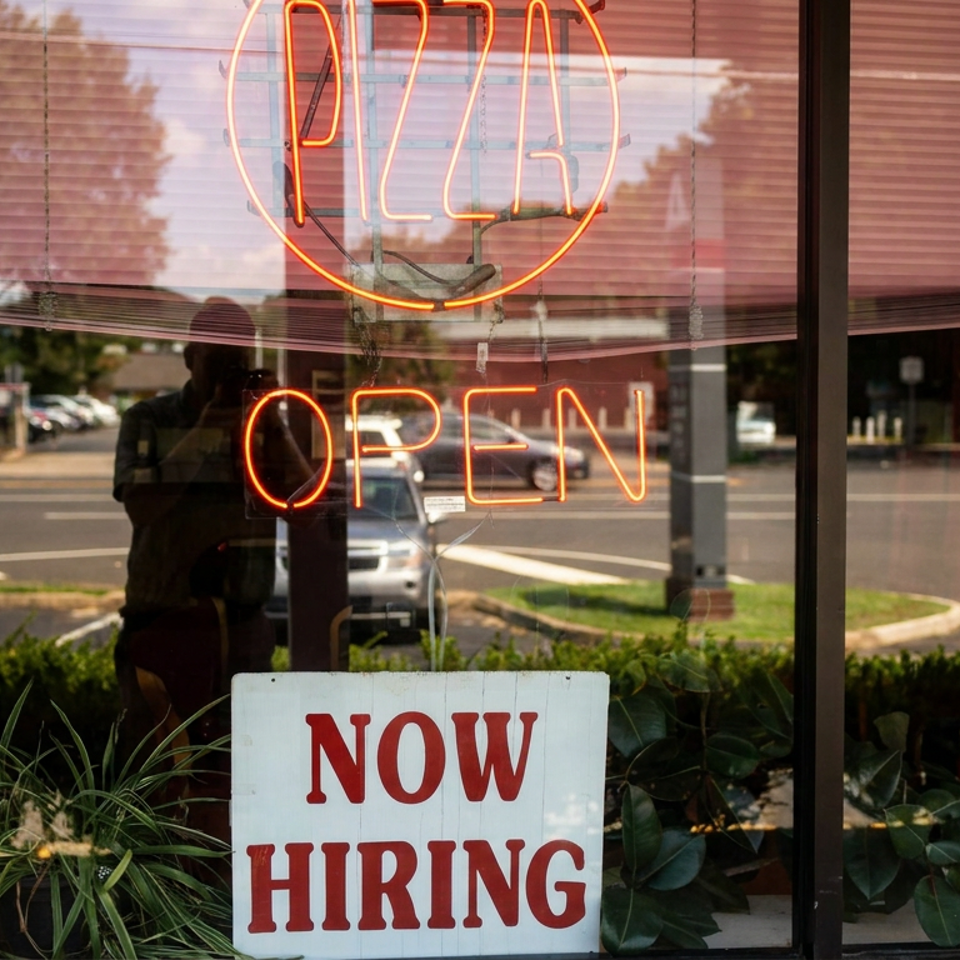 Restaurant window displays a glowing open sign and a prominent “Now Hiring” notice, with plants and street reflections visible.