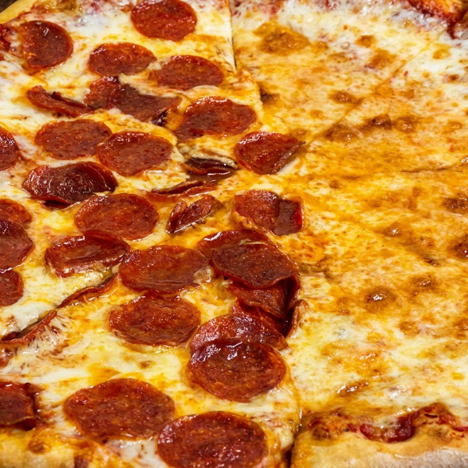 Large cheese pizza with pepperoni covering half, served on a metal tray beside salt and pepper shakers.