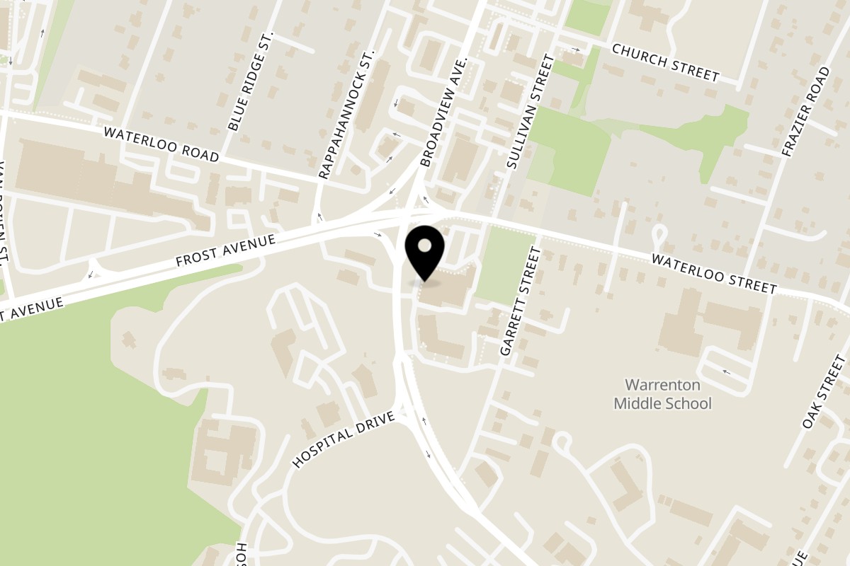 Map showing the location of Joe & Vinnie's Pizza on 385 W Shirley Ave in Warrenton